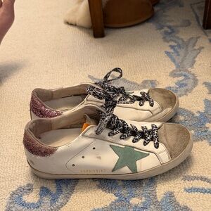 Golden Goose White Sneakers with Green Star and Pink Glitter Heel